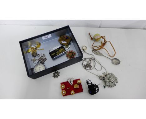 A mixed lot to contain costume jewellery, earrings, brooches and pendants, together with a pocket watch, lighter etc., (a lot