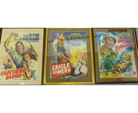 A collection of three vintage Belgian Errol Flynn movie posters to include 'The Sea Hawk', 'Captain Blood' and 'Objective Bur