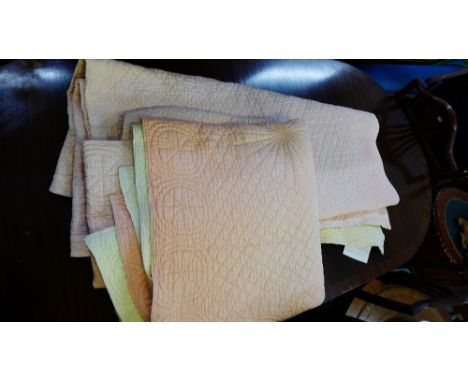 Two vintage pink stitched Durham Quilts, 80" x 94" (2) 