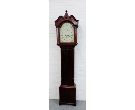 A 19th century mahogany longcase clock, by Peter Sharp of Coldstream, the hood with a swan neck pediment and central acorn fi