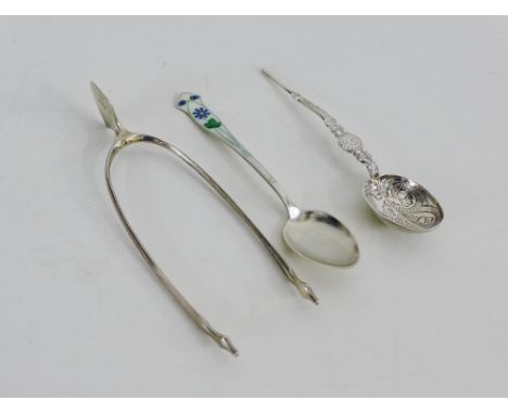 Edinburgh silver wishbone sugar nips, miniature Birmingham silver Anointing spoon and a 925 silver and enamel coffee spoon (3