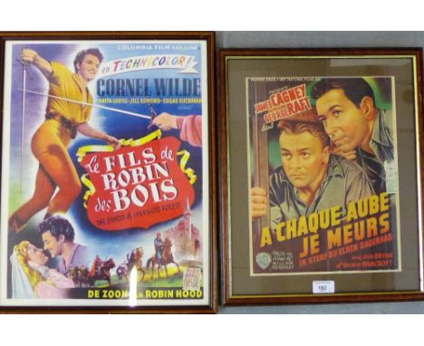 Two vintage Belgian film posters, Belgian, to include 'The Bandit of Sherwood Forest' and another, framed, largest 40 x 50cm 