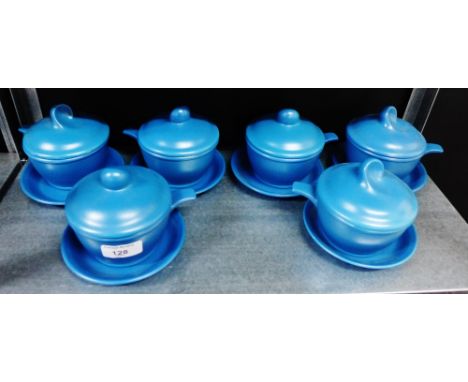 A set of six Crown Devon Fieldings blue glazed pots with covers and saucers (a lot) 