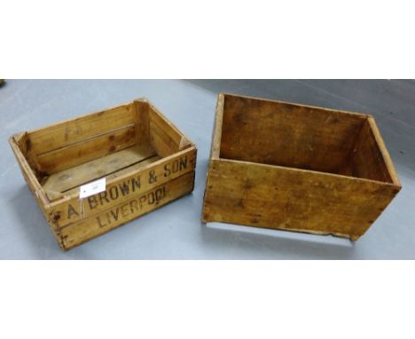 Two vintage wooden crates to include one with a New Zealand Apples label the other painted AB Brown & Son, Liverpool, (2) 50 