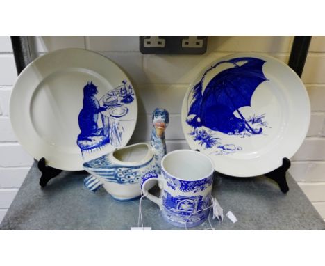 Blue and white wares to include a Spode Italian pattern mug, a pair of National Trust cat patterned plates and duck figure (4