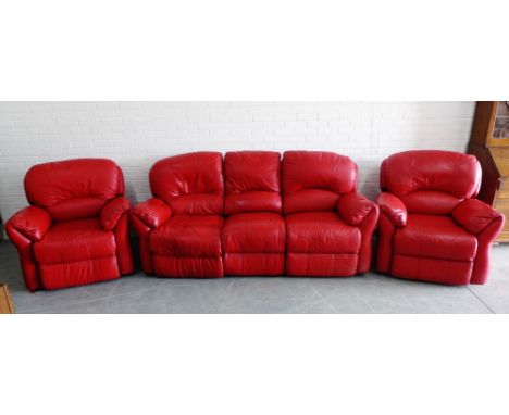 A contemporary red leather lounge suite comprising three seater sofa and pair of armchairs, with electric recliners (3) sofa 