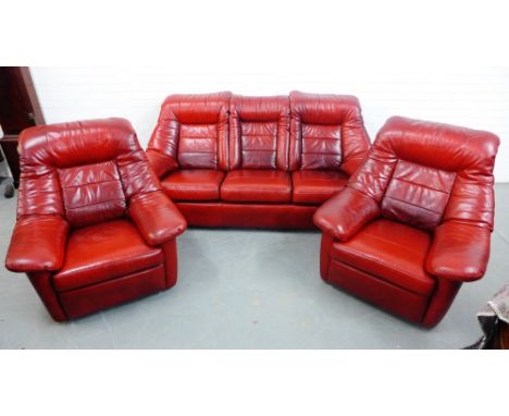 Red leather lounge suite comprising a three seater sofa with pair of armchairs, 90 x 200cm (3) 