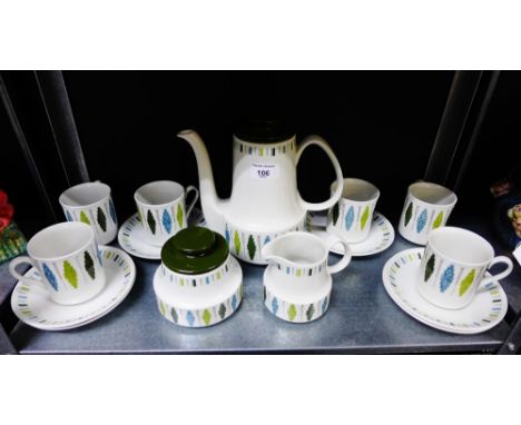 A retro Myott 'Delta' patterned coffee set comprising six cups, six saucers, coffee pot, milk jug and sugar bowl