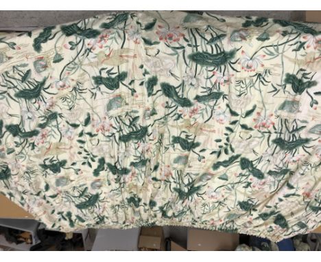 Two pairs of Chinese lotus pattern by GP&J Baker glazed cotton interlined curtains with taped pencil pleat headings, one pair