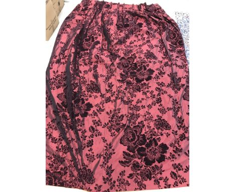 Two single shot silk with applied foliate flocking in black and red lined curtains with fixed double pencil pleat headings, o