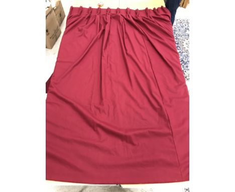 Two single wool interlined curtains in plain red with fixed triple pencil pleat headings, one approx. 246 cm drop x 410 cm wi