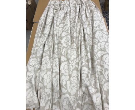 A pair of linen type foliate decorated cream and beige lined curtains with fixed triple pencil pleat headings approx. 235 cm 