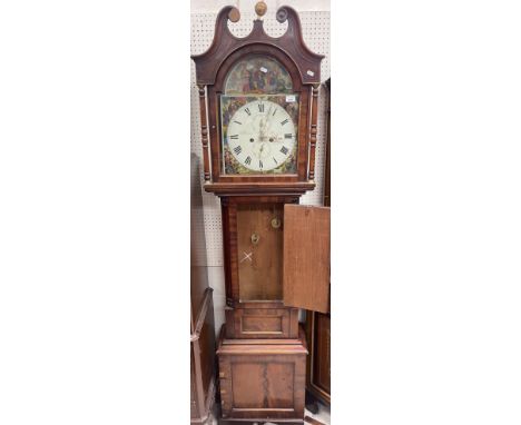 A 19th Century mahogany cased long case clock, the eight day movement with enamelled dial, the dome painted with portrait of 