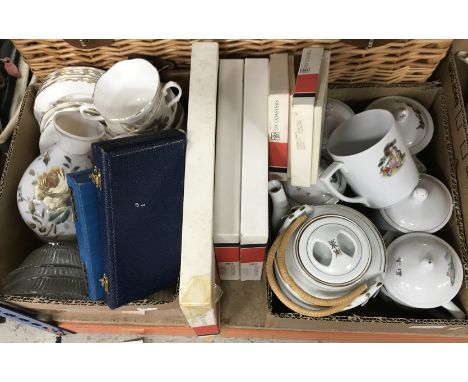 Two boxes of assorted china and glass ware to include modern Chinese mugs and teapot, a Royal Albert part tea set, a pair of 