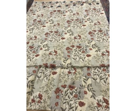 Two pairs of chenille lined curtains with eyelet headings, the fawn / taupe ground set with a foliate design, one pair 150 cm