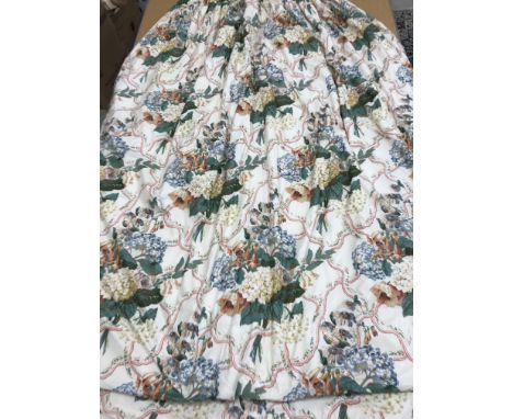 Three pairs of glazed cotton cream ground hydrangea and coral ribbon decorated interlined curtains with taped pencil pleat he