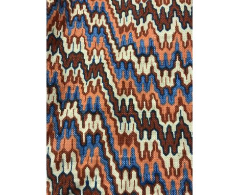 Three pairs of lined "Flame Bargello" for Warner Brothers linen curtains with taped pencil pleat headings, one pair 157 cm dr