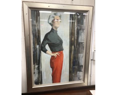 JAN BRUCE "Mirror mirror" three quarter length portrait of woman in red glasses and skirt, oil on canvas, signed and dated '8