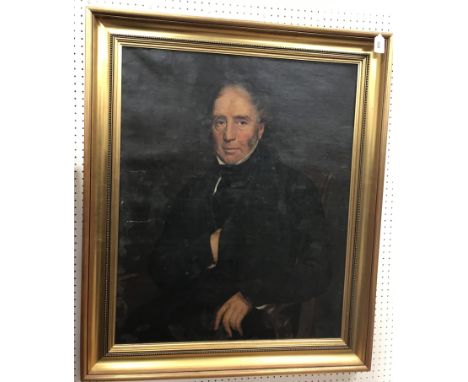 19TH CENTURY ENGLISH SCHOOL “Gentleman seated in black coat and stock, his right arm in his breast pocket”, a portrait study,