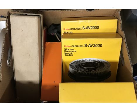 Two boxes of assorted photographic equipment, slide carousels, various microscopes, etc together with a Precision Tool & Inst