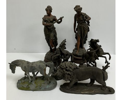 A pair of circa 1900 patinated spelter Marley horses, 31 cm high, a pair of late 19th Century French patinated spelter figure