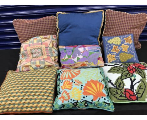 Two boxes, one containing nine cushions including six hand-stitched tapestry examples, the other containing household linen t