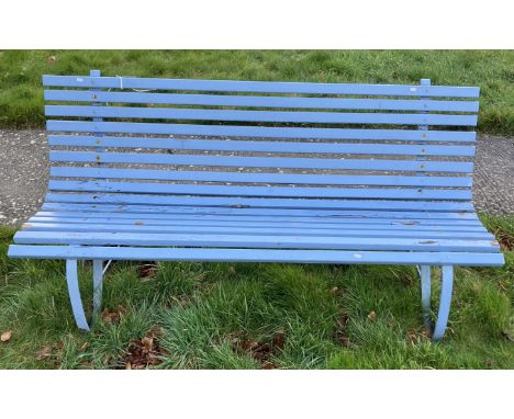 A large blue painted slatted wood and metal slatted bench 180 cm wide