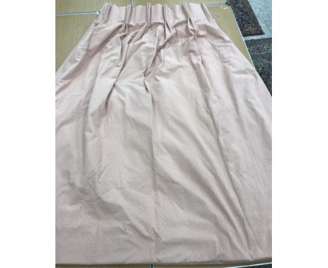 Two pairs of cotton type interlined curtains with fixed double pencil pleat headings, the pink ground with cream stripe and s