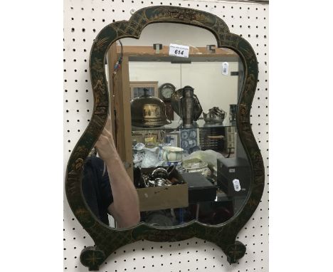 An early 20th Century green lacquered and gilt chinoiserie framed wall mirror, with shaped plate (formerly easel mirror - fix