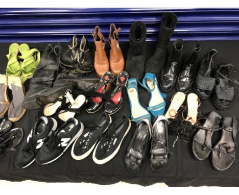 Three boxes, the first containing fourteen pairs of shoes and three pairs of boots, size 36, to include examples by J Crew, B