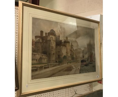 JAMES LAWSON STEWART (1829-1911) "Buildings beside Tower Bridge with steam boats and barges in river" watercolour, signed low