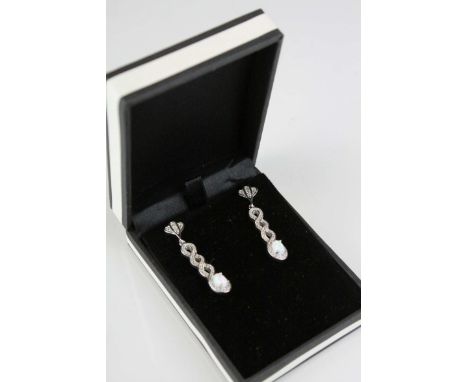 Pair of Silver CZ and Opal Art Deco style Drop Earrings
