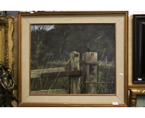 Clive Madgewick (1934 - 2005) Oil Painting on Canvas of a Red Admiral Butterfly on a Gate, signed lower right and dated 1972,