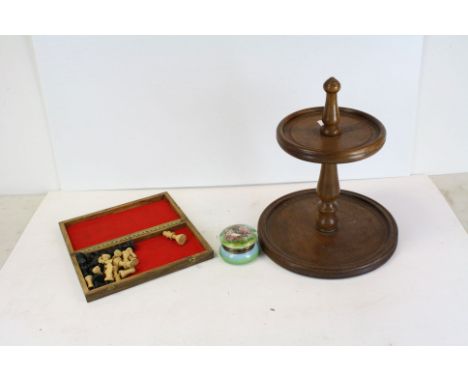 Wooden Circular Two Tier Stand, Chess Board Box with Pieces and a Ceramic Lidded Trinket Box