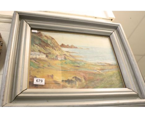 Oil on Panel Crofters Cottages on a Rugged Coastline