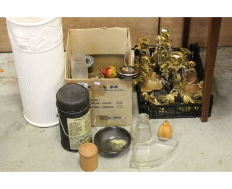 Mixed Lot including a Ceramic Stick Stand, Pair of Gold Painted Wooden Brackets, Pair of Gilt Metal and Glass Drop Wall Light