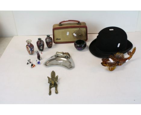 Mixed Lot including Bowler Hat, Retro Ecko Radio, Fox Door Knocker, Cloisonne, Car Ashtray, etc