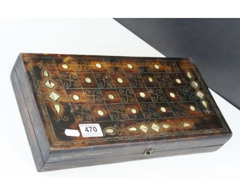Hardwood and Mother of Pearl Inlaid Games Board Box with Draught Pieces and Dice, 40cms wide