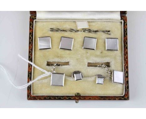 Mother-of-pearl and silver cufflinks and dress stud set, square panels of mother-of-pearl with silver surround, boxed 