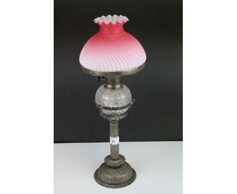 Hukin and Heath Silver Plated Oil Lamp Base with Scrolling Leaf etched decoration with a Hobnail Cut Glass Well and a Pink Ti