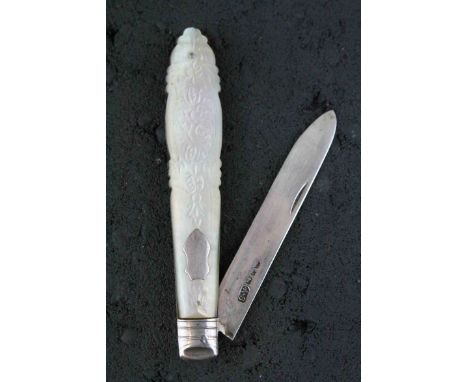 Victorian mother-of-pearl handled silver bladed folding fruit knife, carved floral pattern to handle, makers Albert Sydenham,