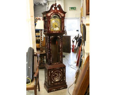 Chinese Rosewood and Mother of Pearl Inlaid Longcase Clock, the arched silvered and brass dial with rolling moon action, appr