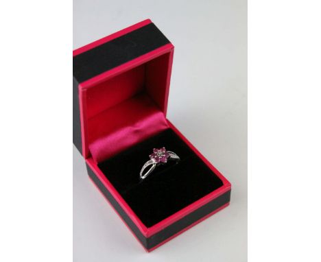 Silver Flower Shaped Ruby and Diamond Ring