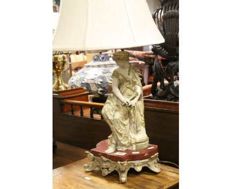 After Moreau, Painted Spelter Figural Table Lamp raised on a Rouge Marble and Gilt Metal Plinth Base, 46cms high to top of fi