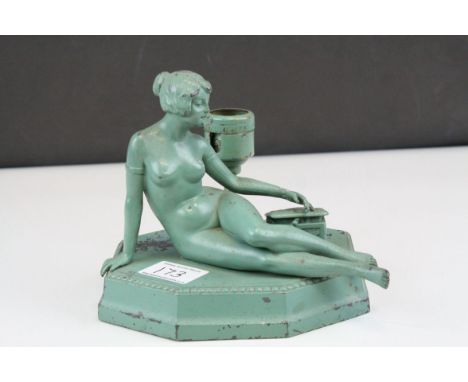 Art Nouveau Painted Spelter ' Nude Lady ' Table Lamp, 15cms high