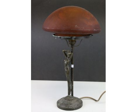 After Auguste Moreau, Art Nouveau Bronzed Spelter Figural Table Lamp with signature to base, holding a Mushroom form Brown Gl