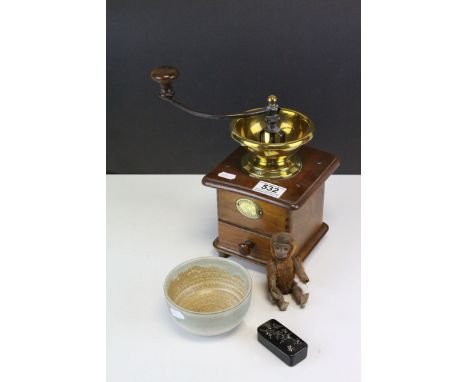 Vintage Schuco style monkey perfume bottle, a studio pottery bowl, laquered snuff box, Victorian Light Fitting and a coffee g