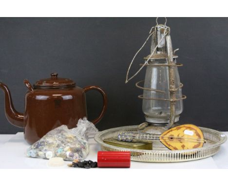 Mixed Lot including World War I Queen Mary Christmas Tin, Large Enamel Teapot, Storm Lantern, etc