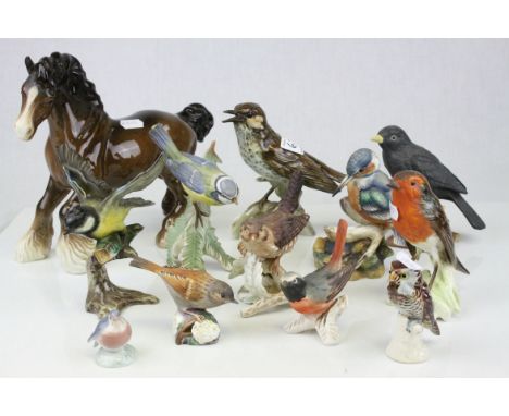 Beswick Cantering Shire, model no 975 together with Goebel Song Thrush, Six further Goebel Birds, Royal Copenhagen Small Robi