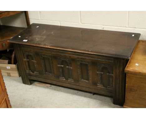 20th century Oak Coffer with Carved Panel Sides. 116cms long x 52cms high